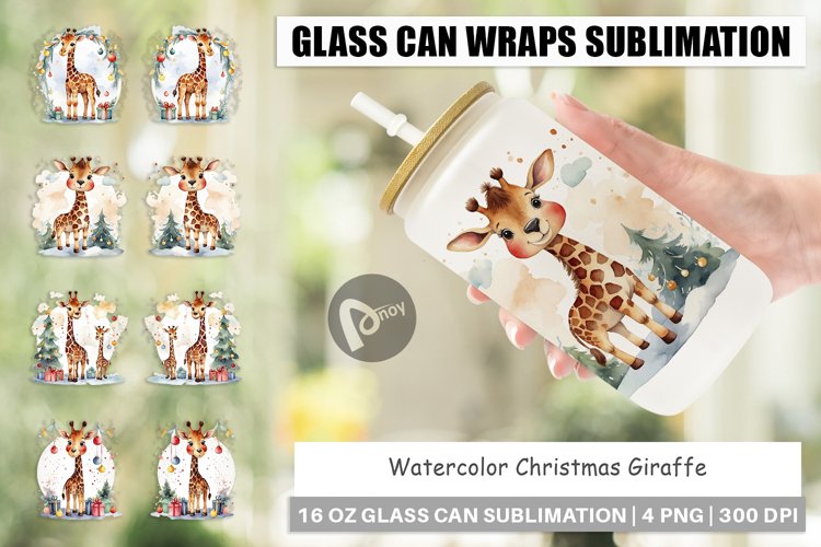 Glass Can Wraps Watercolor Christmas Giraffe