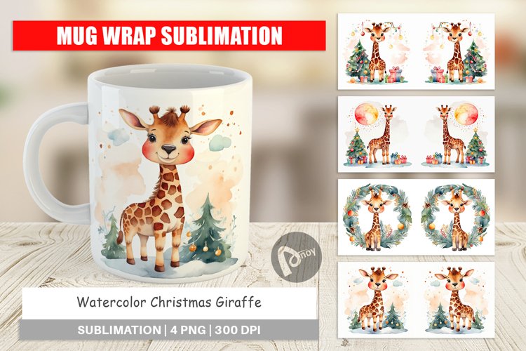 Mug Wrap Design Watercolor Christmas Giraffe