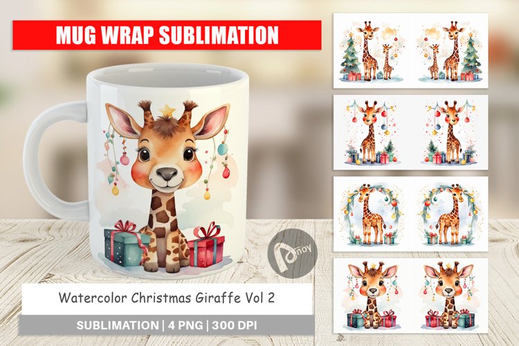 Mug Wrap Design Watercolor Christmas Giraffe