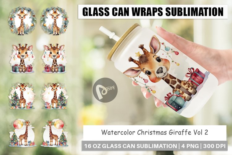 Glass Can Wraps Watercolor Christmas Giraffe
