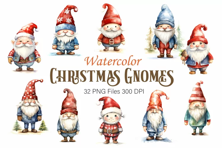 Watercolor Christmas Gnomes. Clipart.