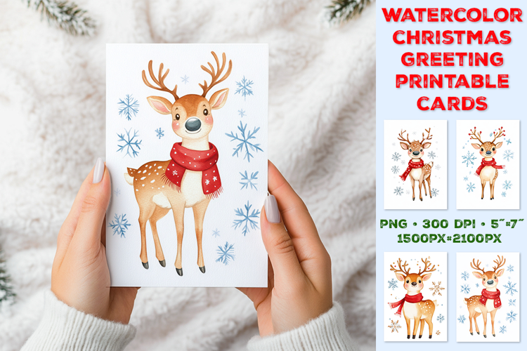 Watercolor Christmas Printable Greeting Card with Reindeer