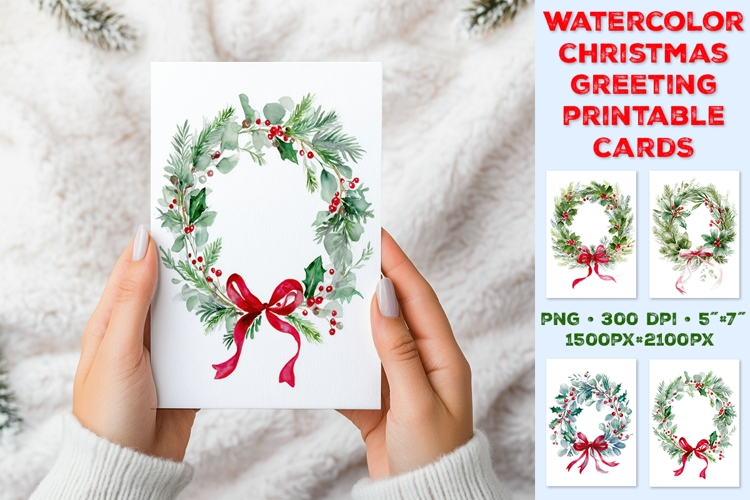 Elegant Watercolor Christmas Wreath Greeting Card Printable