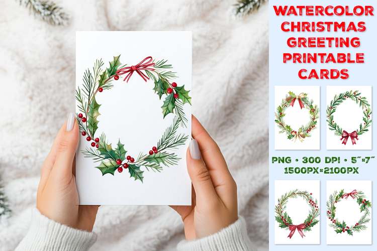 Elegant Watercolor Christmas Wreath Greeting Card Printable