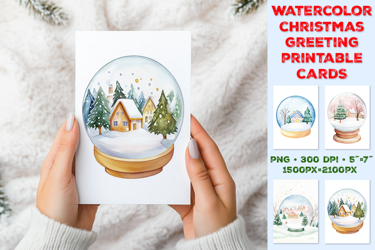 Watercolor Christmas Printable Greeting Card with Snow Globe