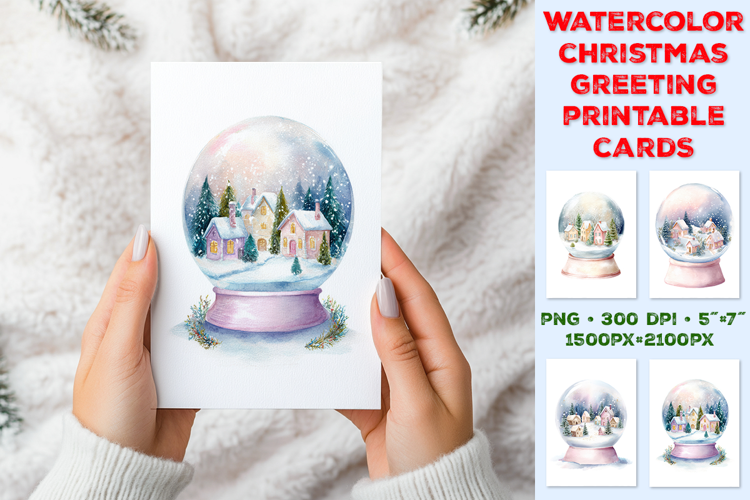 Watercolor Christmas Printable Greeting Card with Snow Globe