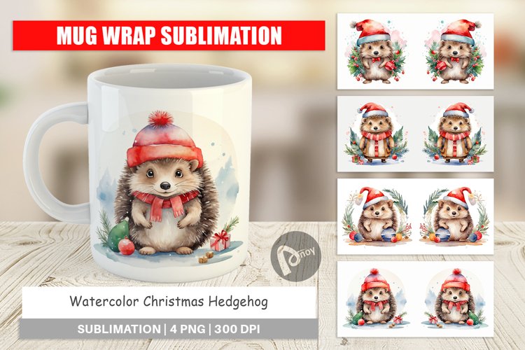 Mug Wrap Design Watercolor Christmas Hedgehog