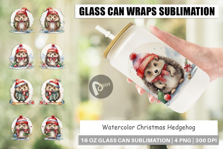 Glass Can Wraps Watercolor Christmas Hedgehog