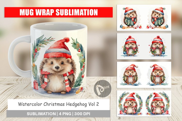 Mug Wrap Design Watercolor Christmas Hedgehog