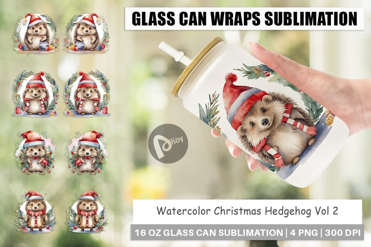 Glass Can Wraps Watercolor Christmas Hedgehog