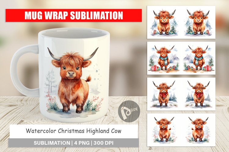 Mug Wrap Design Watercolor Christmas Highland Cow