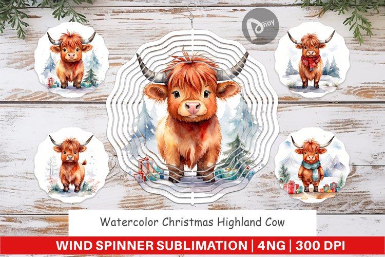 Wind Spinner Watercolor Christmas Highland Cow