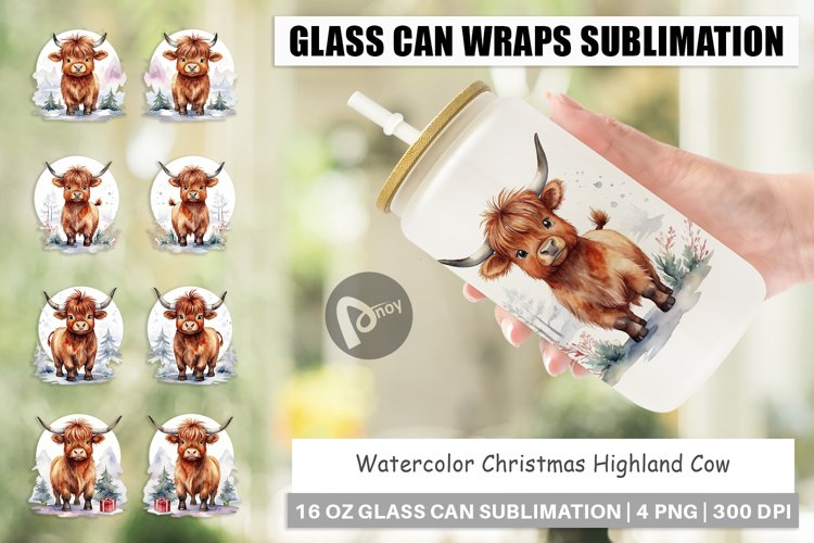 Glass Can Wraps Watercolor Christmas Highland Cow