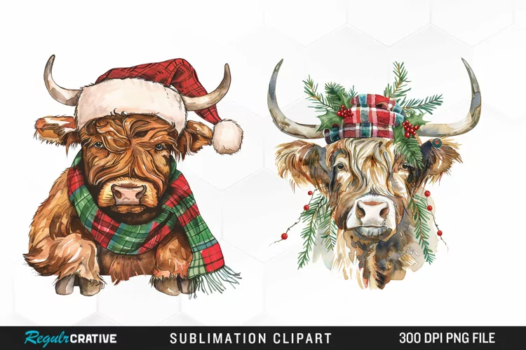 Watercolor Christmas Highland Cow Clipart