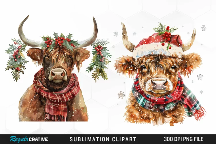 Watercolor Christmas Highland Cow Clipart