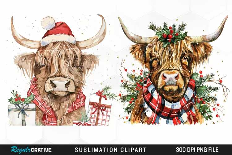 Watercolor Christmas Highland Cow Illustration Clipart