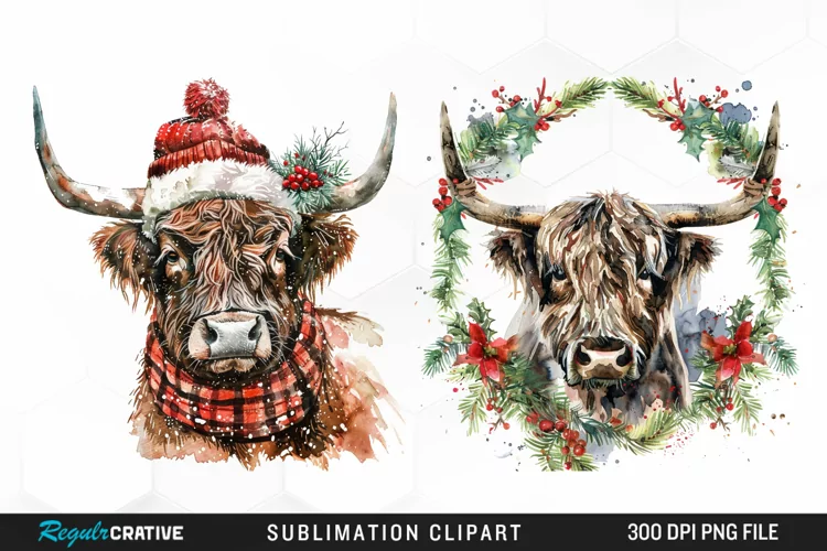 Watercolor Christmas Highland Cow Clipart