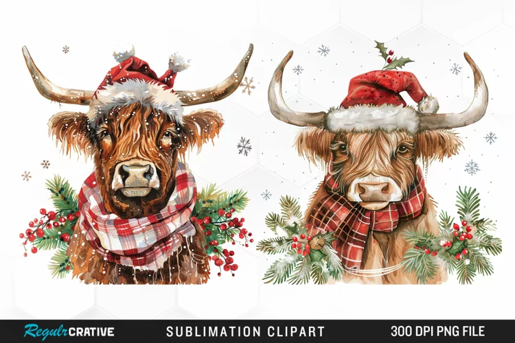 Watercolor Christmas Highland Cow Clipart