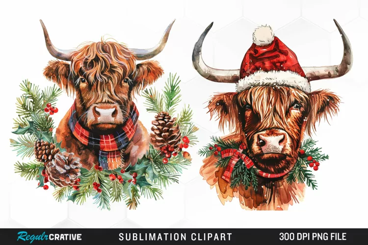 Watercolor Christmas Highland Cow Clipart