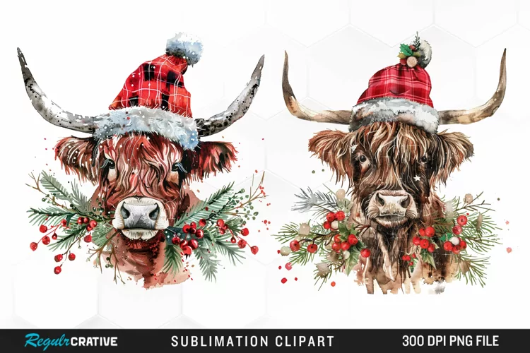 Watercolor Christmas Highland Cow Illustration Clipart
