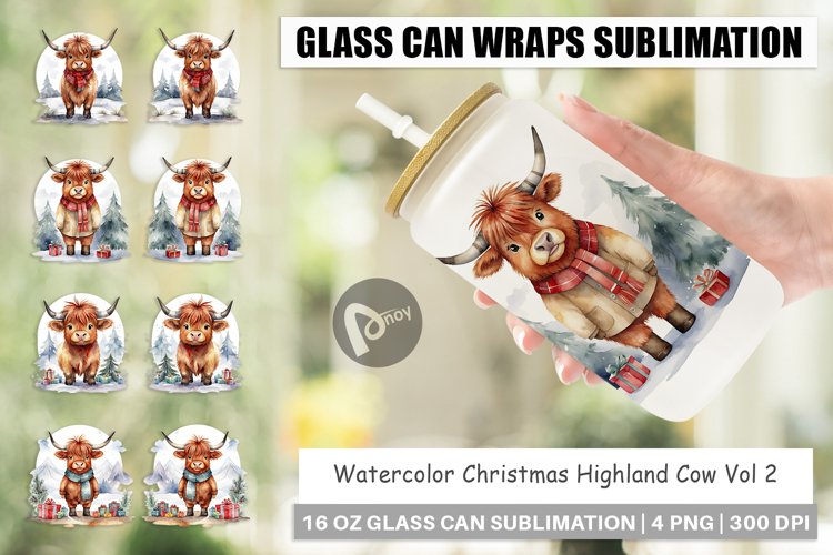 Glass Can Wraps Watercolor Christmas Highland Cow