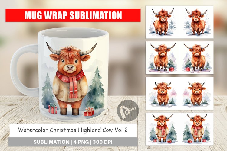 Mug Wrap Design Watercolor Christmas Highland Cow