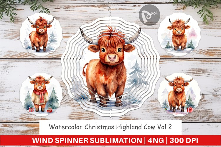 Wind Spinner Watercolor Christmas Highland Cow