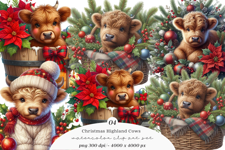 Watercolor Christmas Highland Cows Clipart