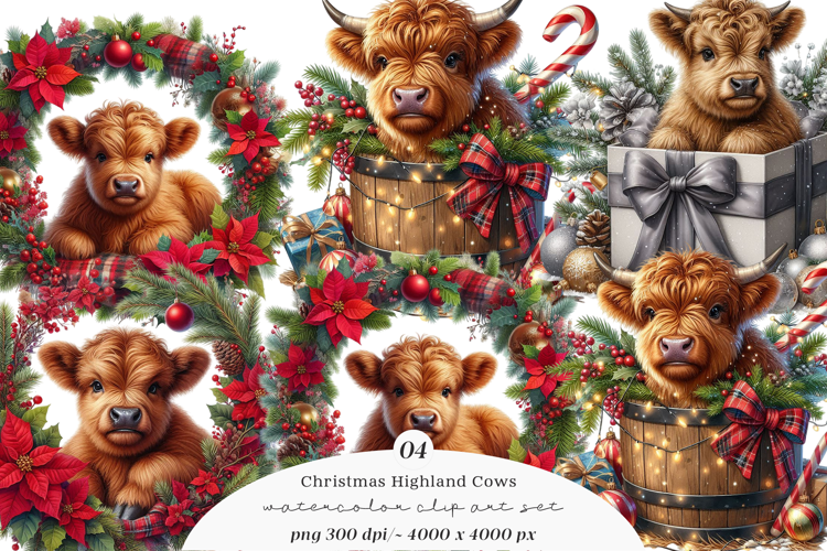 Watercolor Christmas Highland Cows Clipart