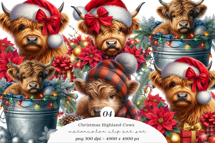 Watercolor Christmas Highland Cows Clipart