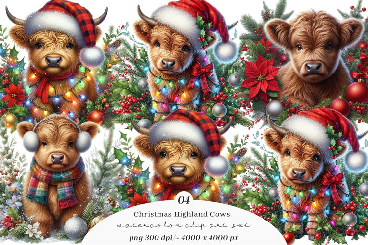 Watercolor Christmas Highland Cows Clipart