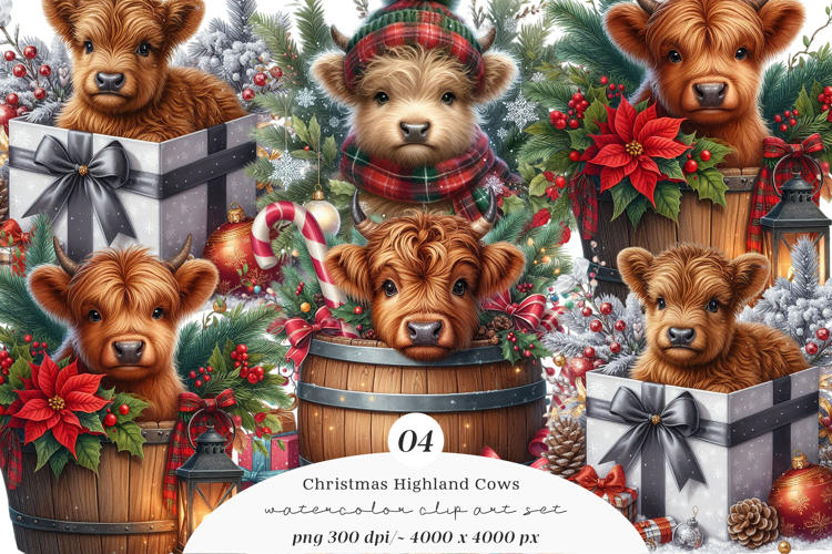 Watercolor Christmas Highland Cows Clipart