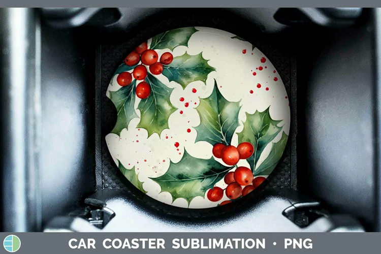 Watercolor Christmas Holly Car Coaster Sublimation Coaster D