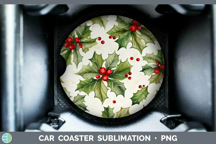 Watercolor Christmas Holly Car Coaster Sublimation Coaster D