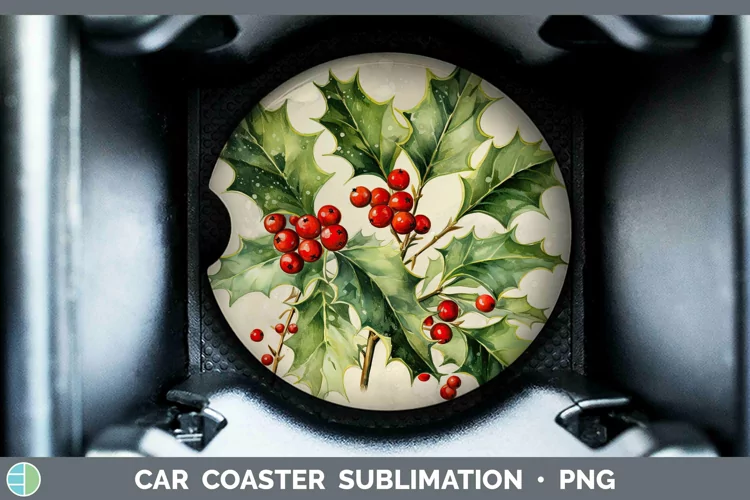Watercolor Christmas Holly Car Coaster Sublimation Coaster D