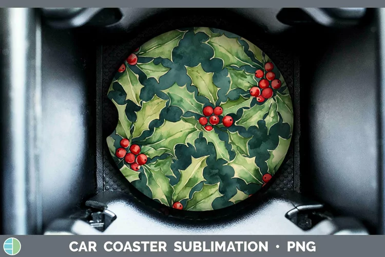 Watercolor Christmas Holly Car Coaster Sublimation Coaster D