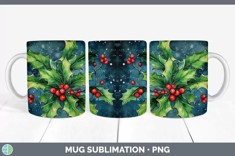 Watercolor Christmas Holly Mug Wrap Sublimation Coffee Cup D
