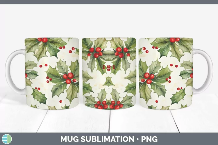 Watercolor Christmas Holly Mug Wrap Sublimation Coffee Cup D