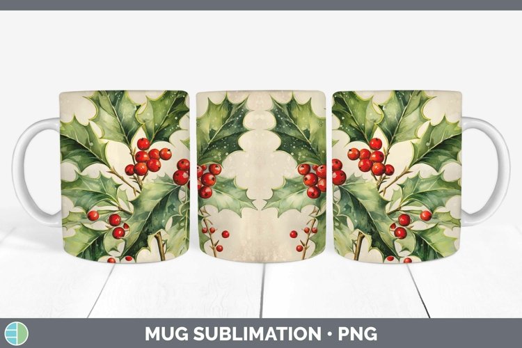 Watercolor Christmas Holly Mug Wrap Sublimation Coffee Cup D