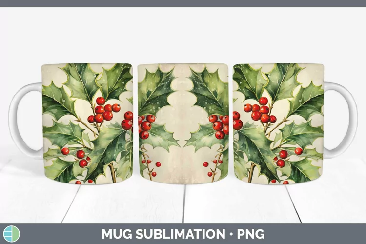 Watercolor Christmas Holly Mug Wrap Sublimation Coffee Cup D