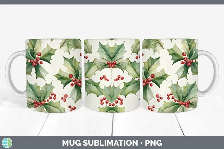 Watercolor Christmas Holly Mug Wrap Sublimation Coffee Cup D