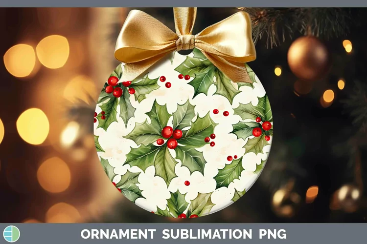 Watercolor Christmas Holly Ornament Sublimation Bauble Desig