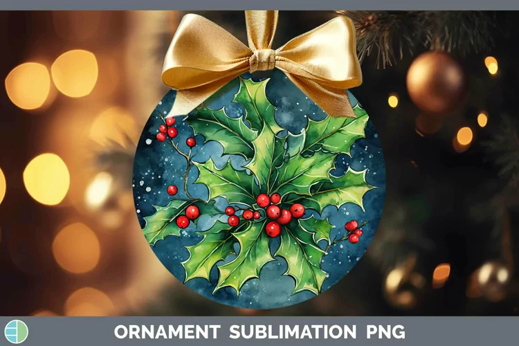Watercolor Christmas Holly Ornament Sublimation Bauble Desig