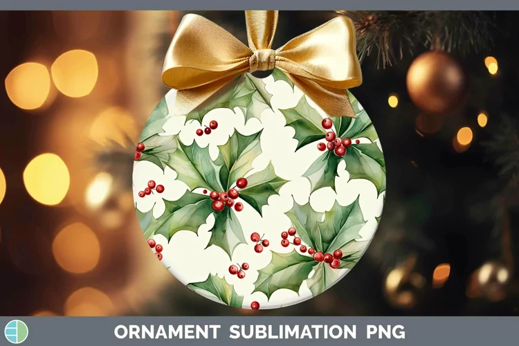 Watercolor Christmas Holly Ornament Sublimation Bauble Desig