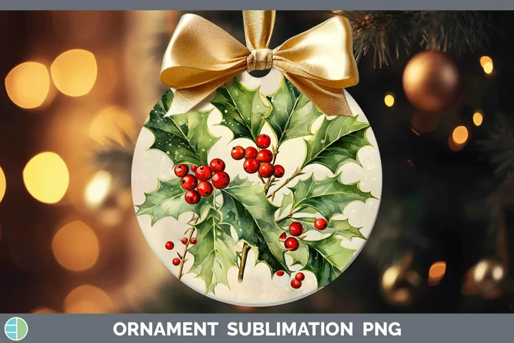 Watercolor Christmas Holly Ornament Sublimation Bauble Desig