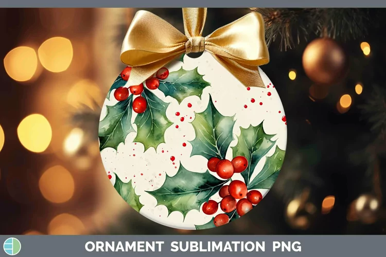Watercolor Christmas Holly Ornament Sublimation Bauble Desig