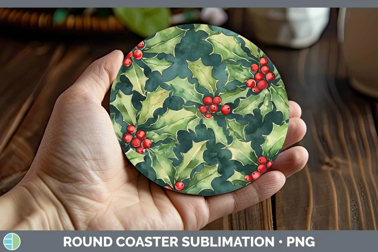 Watercolor Christmas Holly Round Coaster Sublimation Coaster