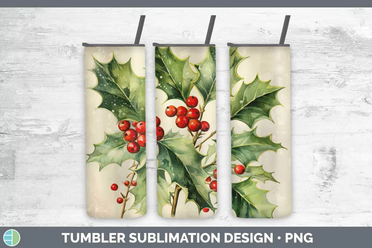 Watercolor Christmas Holly Tumbler Sublimation 20 oz Skinny