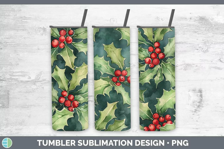 Watercolor Christmas Holly Tumbler Sublimation 20 oz Skinny