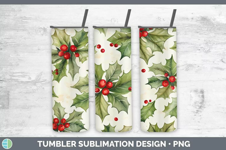 Watercolor Christmas Holly Tumbler Sublimation 20 oz Skinny